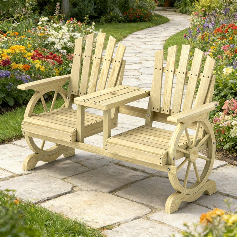 High Backrest Wooden Garden Bench,2-Seat Patio Bench, Natural Wood