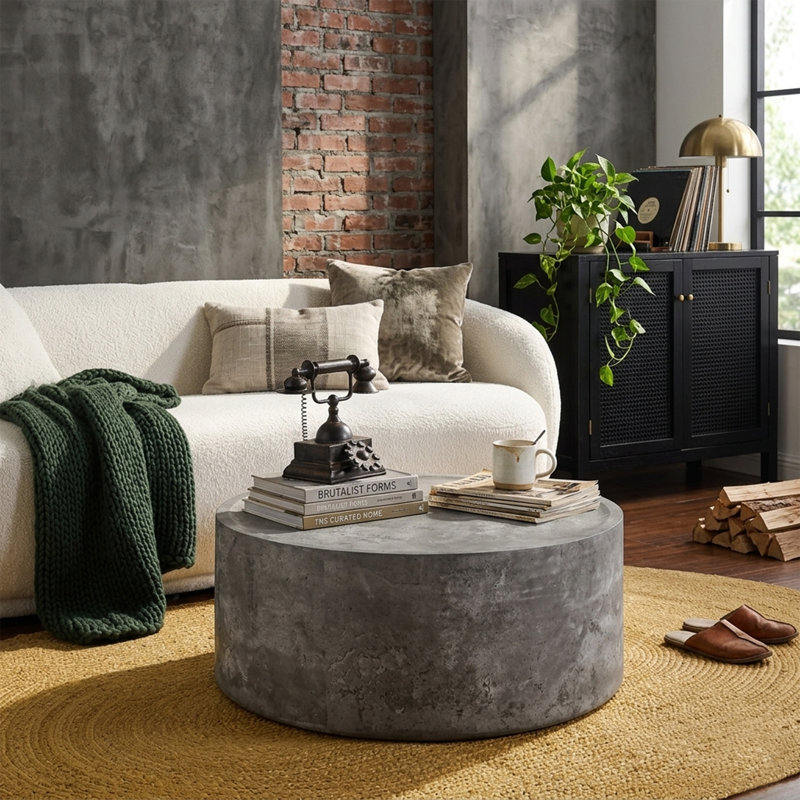 Modern Round Drum Coffee Table, Fully Assembled, 12" H x 39.37" L x 39.37" W, Stone Gray