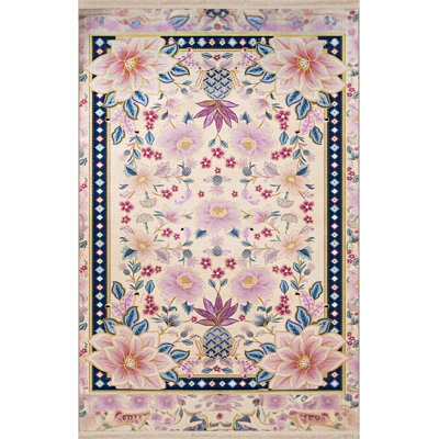 Pink Themed Multicolor Traditional Motif Floral Patterned Vintage Decorative Machine Washable Rug