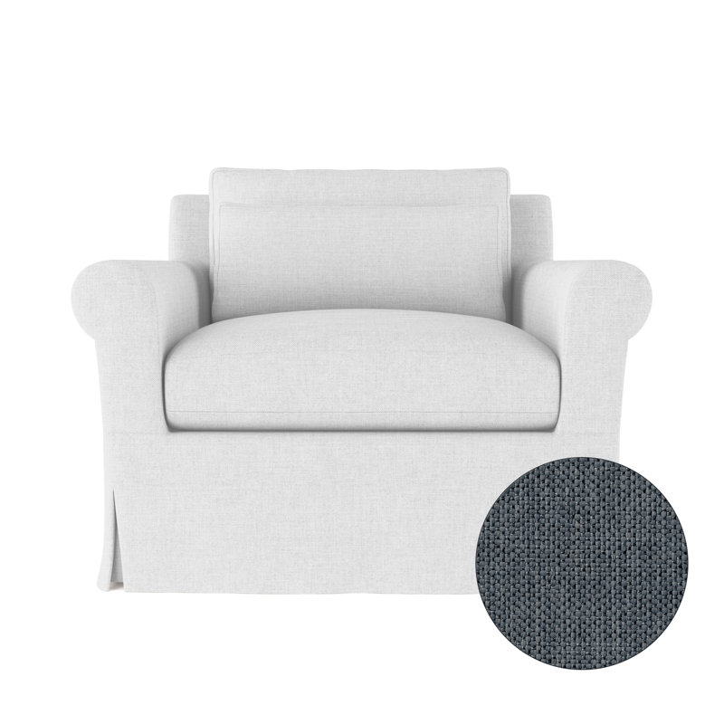 Transitional Skirted Chair, Pebble Weave Linen Bluebell, 34" H x 40" W x 38" D, Dark Brown
