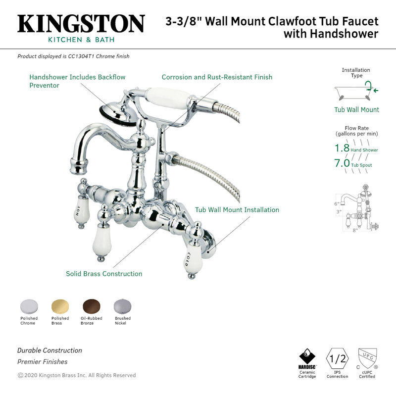 Kingston Brass Vintage Three-Handle 2-Hole Tub Wall Mount Clawfoot Tub Faucet with Hand Shower, Oil Rubbed Bronze
