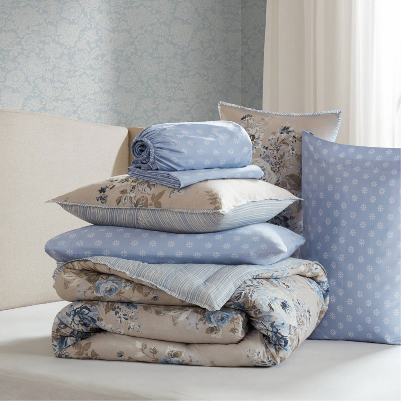 Ensemble de 7 pièces à motif floral inspiré du vin, beige / bleu, Full Comforter  + 6 Additional Pieces