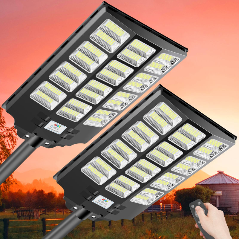 Home Outdoor Led Street Light (set Of 2) With Solar Panels Dusk To Dawn With Motion Sensor 3600w 300000 Lumens Ip66 Waterproof For Parking Lots Backyard