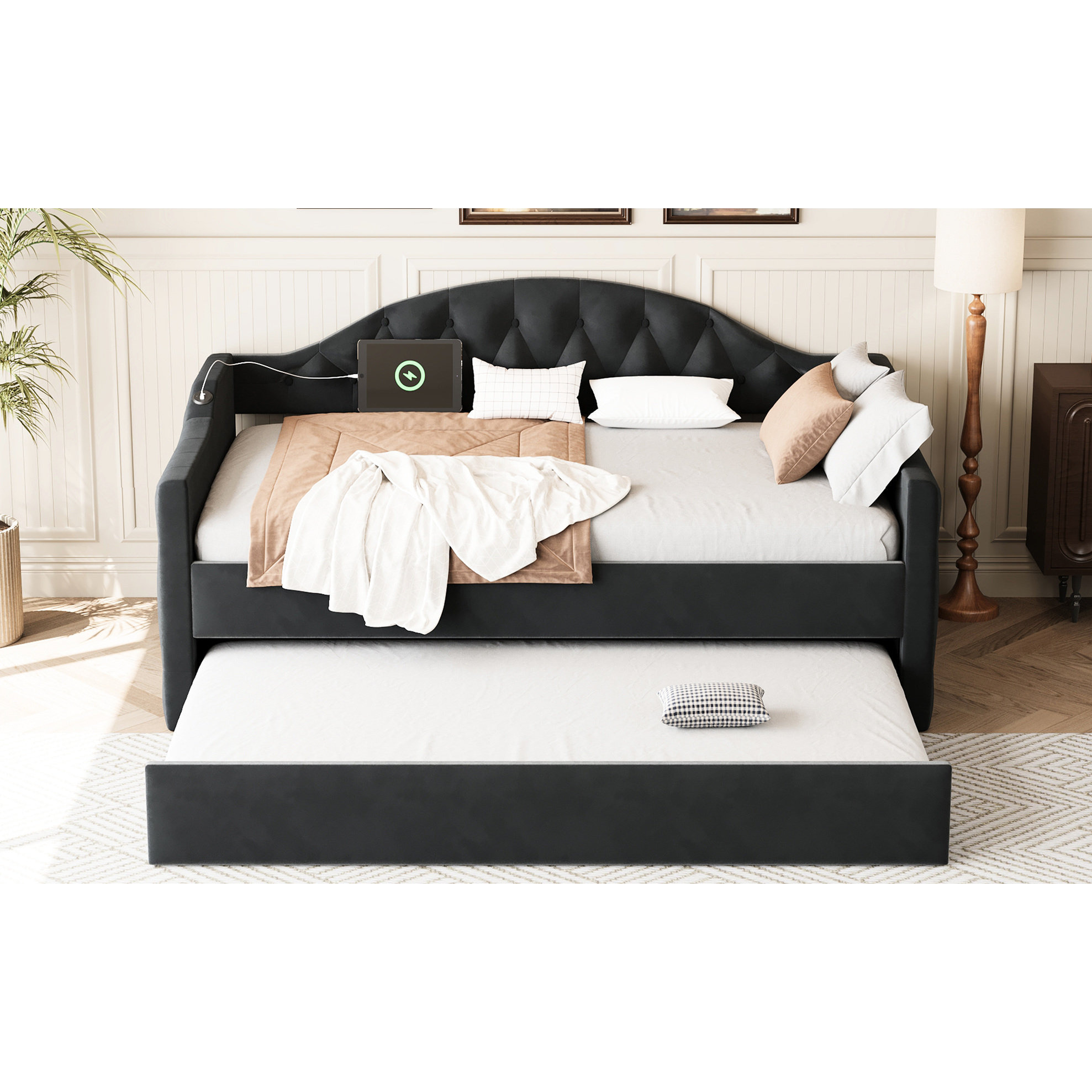Latitude Run® Twin Size Black Velvet Upholstered Daybed With Trundle ...