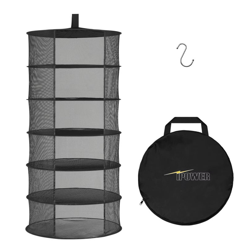 Séchoir à linge suspendu en filet à 6 couches de 2 pieds pour poire à épices avec ouverture Opendoor, pothook et pochette de rangement pour fleurs hydroponiques, bourgeons, noir