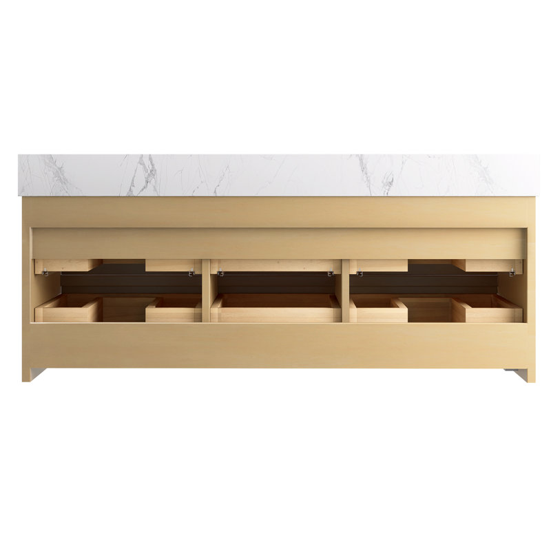 Double meuble-lavabo mural moderne en bois massif avec plateau en pierre et lumière, 60"
