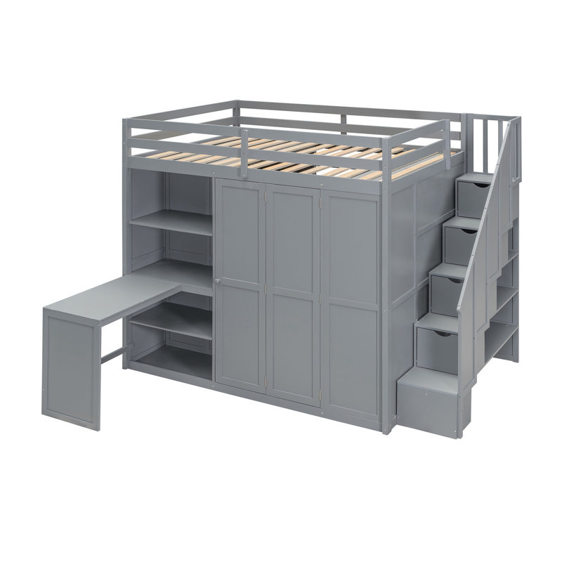 Lit mezzanine double avec garde-robe, bureau et tablettes, gris, Gris