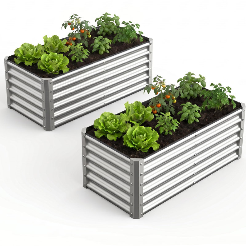 2-Pack 17in Deep Raised Garden Beds 4x2x1.5ft, Silver Galvanized Steel, Open Bottom, Silver