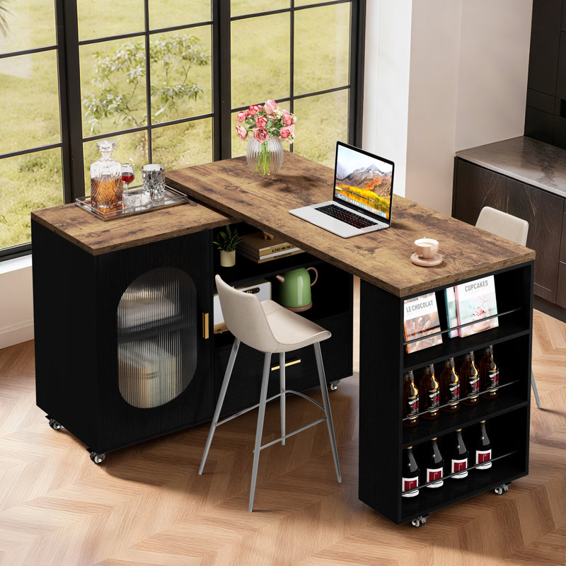 Kitchen Island With Extended Table, Storage Cabinet, Drawers, Rustic Brown & Black Oak, Rustic Brown/Black