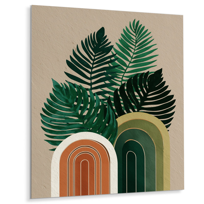 Composition de palmiers vert brun et minimalisme - Art abstrait Mid-Century, L 30 po x H 40 po