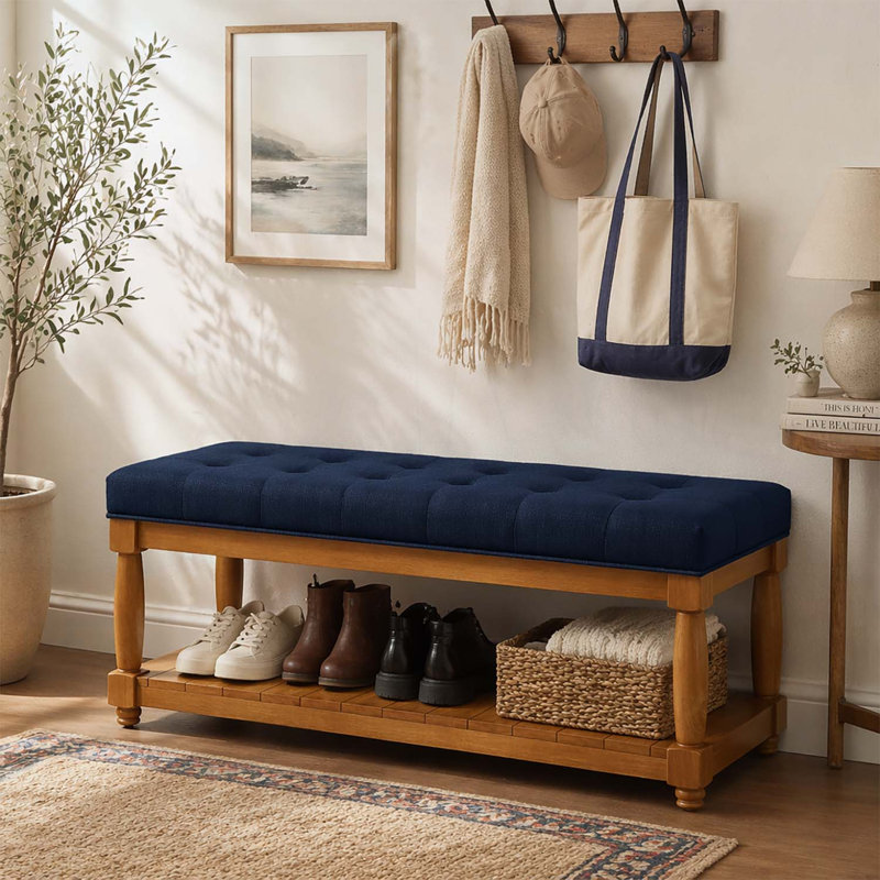 Banc rembourré avec tablette de rangement, Navy Blue+Natural