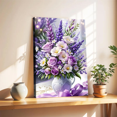 Lavender and Purple Rose Bouquet Canvas Wall Art Framed Ready to Hang Living Room Bedroom Home Decor