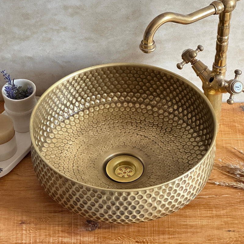 Lavabo vasque de salle de bain en laiton vieilli martelé à la main 14 "- Bol rond artisanal pour meuble-lavabo ou salle d'eau