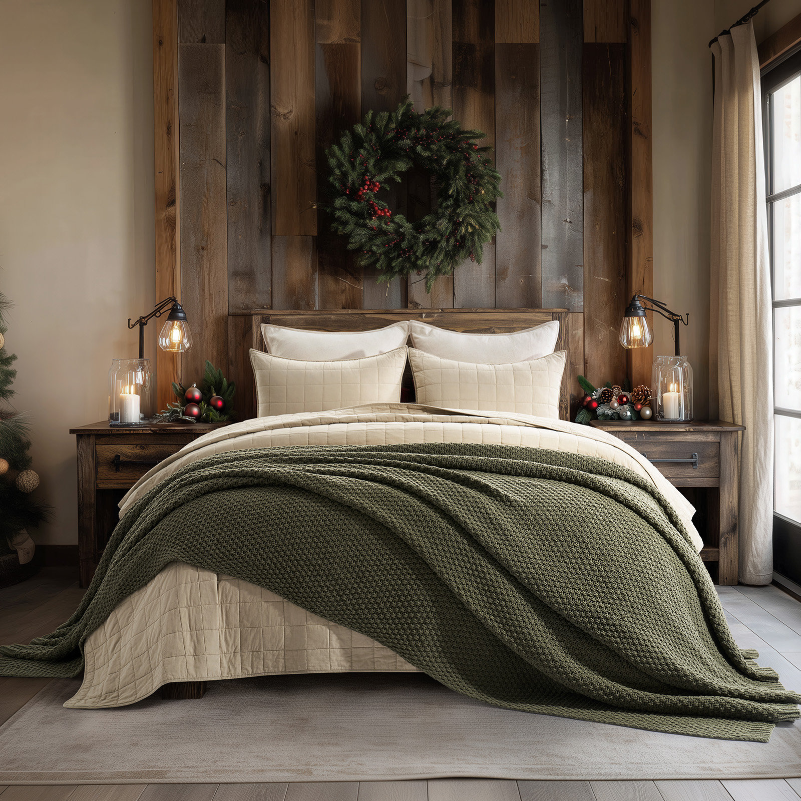 Chunky Chenille Knit Throw Blanket, Olive Green, 90" L x 90" W