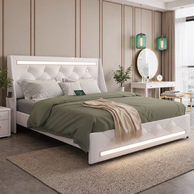 Base de lit avec lumières DEL et station de charge | Lit plateforme tapissier avec tête de lit capitonnée Diamond | Similicuir, lattes de bois, silencieux