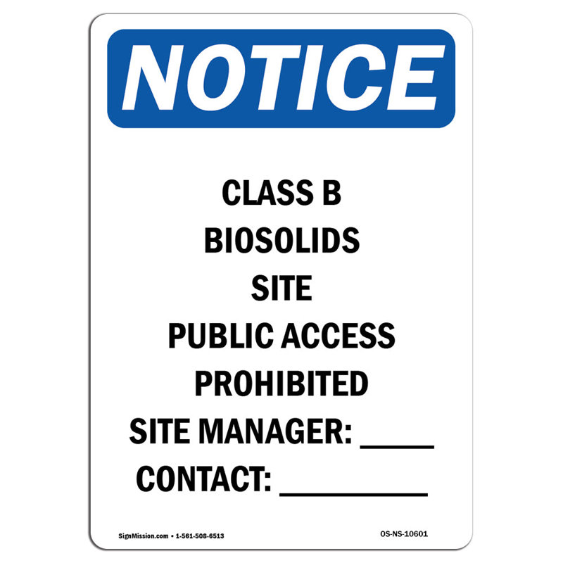 Osha avis - site public des biosolides de classe B, H 24 po x l 18 po x P 0,1 po
