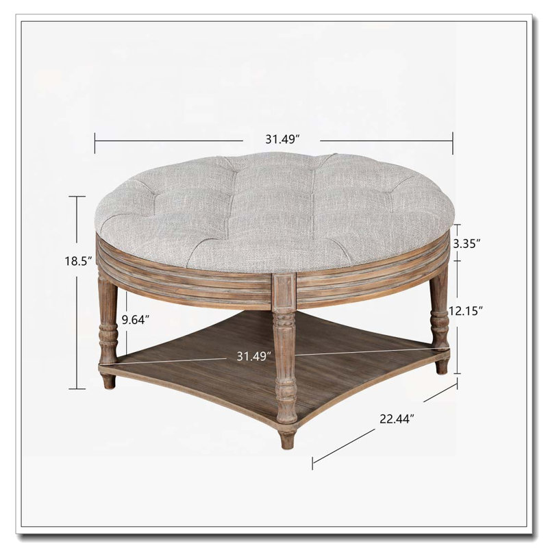 Table basse surdimensionnée rembourrée capitonnée à 2 niveaux avec tablettes en bois, Gris clair