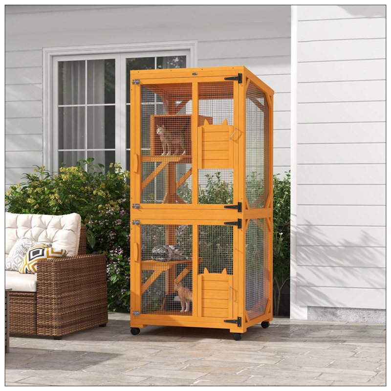 Spacious Wooden Catio With High-Up Resting Box, Asphalt Roof, And Wheels For Indoor & Outdoor Use, Fits 1-3 Cats