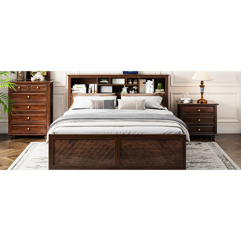 Lit plateforme très grand en bois avec tête de lit à plusieurs tiroirs - construction robuste, couleur antique, tiroirs sans sommier, nécessaire, look élégant