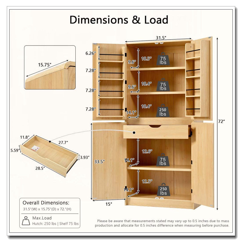 Armoire garde-manger courbée de 72 po de hauteur avec tablettes de porte et tiroir caché, Natural