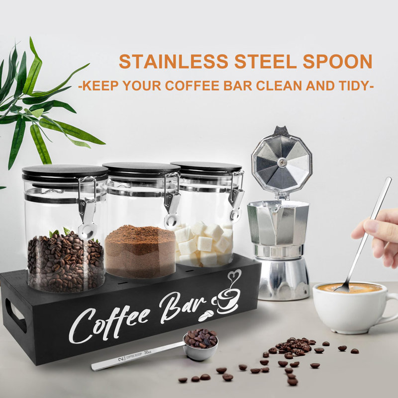Contenants à café en verre avec tablette Organisateur de station de café 54Oz Cafés en verre noir Contenant à grains avec cuillère Ensemble de contenants à café pour la cuisine