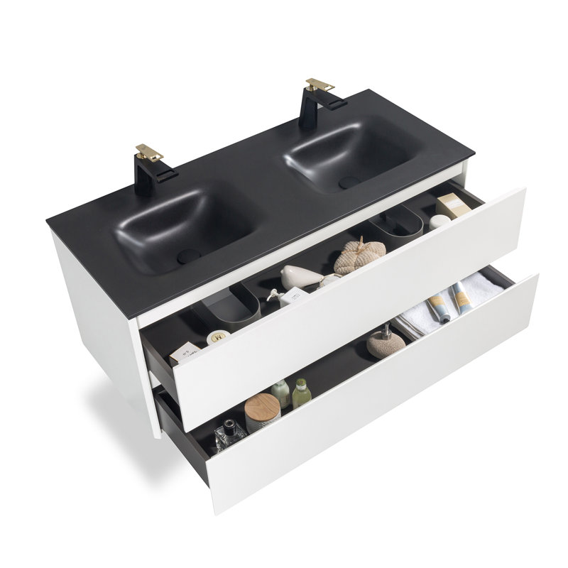 Meuble-lavabo double 60 po avec tiroirs Megsed R, Blanc très luisant, Noir