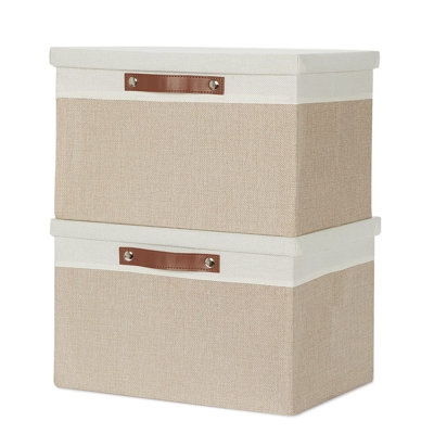 Bacs de rangement pliables avec couvercles, [paquet de 2] Grands paniers de rangement avec couvercle, bac de rangement en tissu pour organiser la maison (blanc et kaki, 15 po x 11 po x 9,5 po)