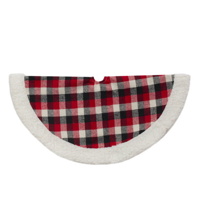 20-Inch Red  Black  And Ivory Plaid Mini Christmas Tree Skirt With Sherpa Trim