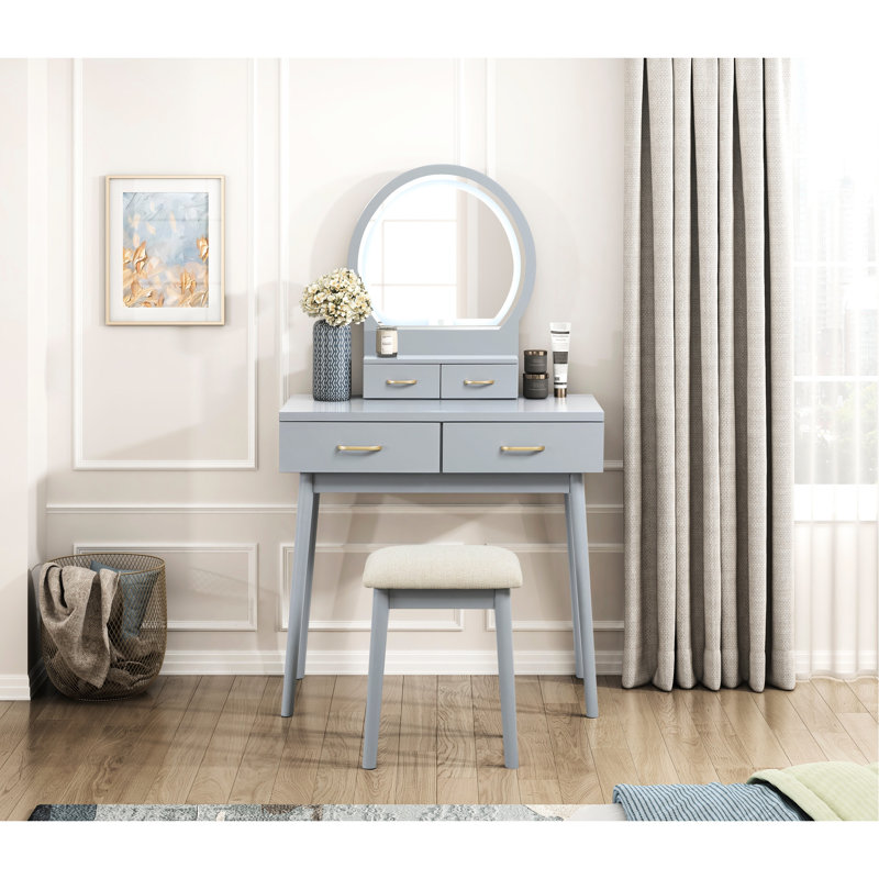 Commode de coiffeuse élégante avec finition grise, miroir éclairé à DEL, 4 tiroirs et tabouret pour une solution de rangement de luxe à finition élégante