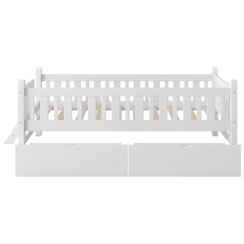 Lit plateforme simple en bois avec garde-corps et 2 tiroirs, blanc