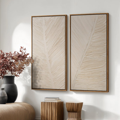 Neutral Feather Pattern Modern Minimalist Diptych – Set of 2 Framed Wall Art Print on Canvas 60"x20"x2pcs, 60"x30"x2pcs