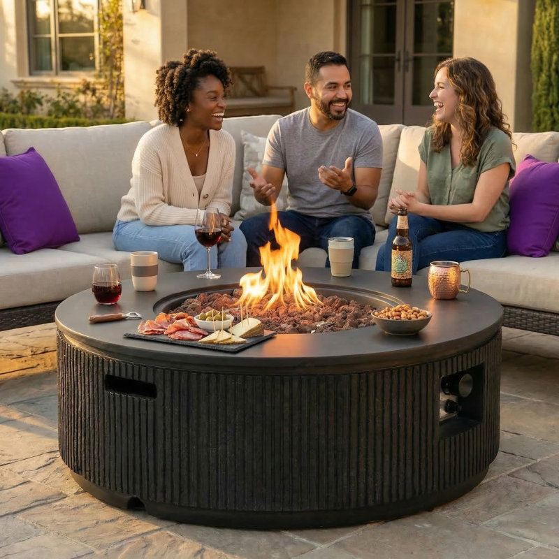 Round Propane Fire Pit Table with Vertical Stripe Design, 50000 BTU Concrete Fire Pit for Outdoor, 38.19''(Black)