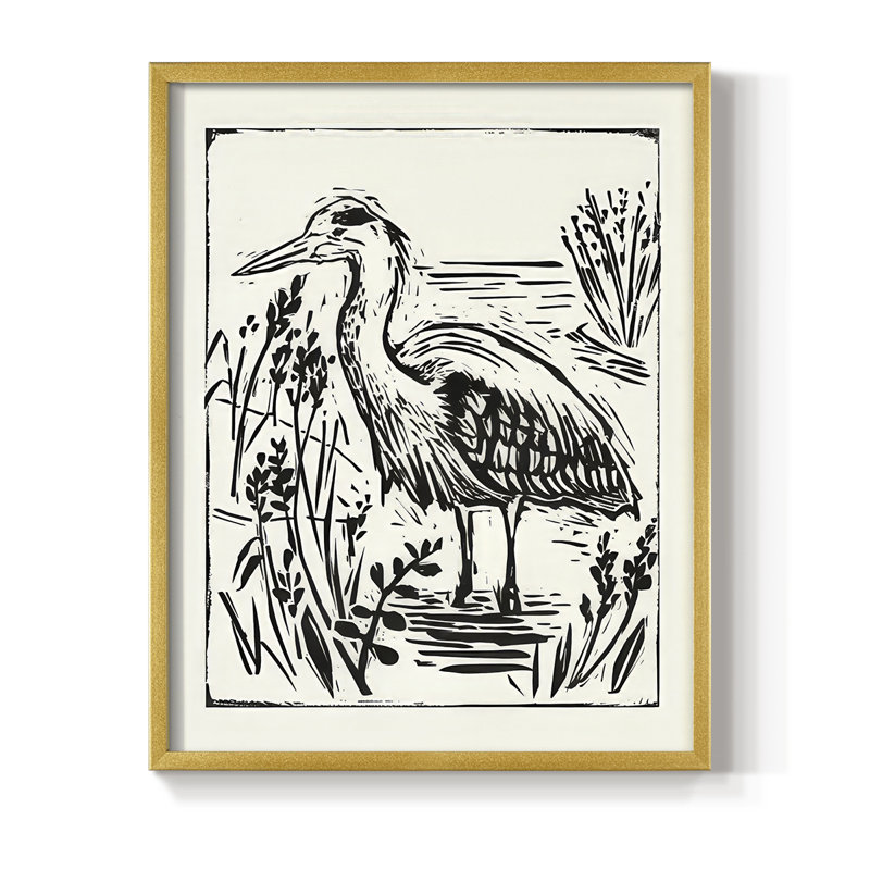 Linocut Style Seabird I, reproduction encadrée - bois massif, H 15 po x l 12 po, Doré