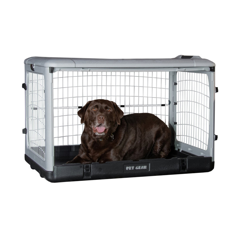 Gray Rolling Steel Pet Crate with Removable Tray