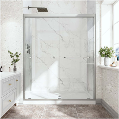 Brushed Nickel Reversible Installation Double Bypass Sliding Shower Door,Aluminium Alloy Frame,Tempered Glass With Nano Explosion-Proof Membrance,Easy Installation