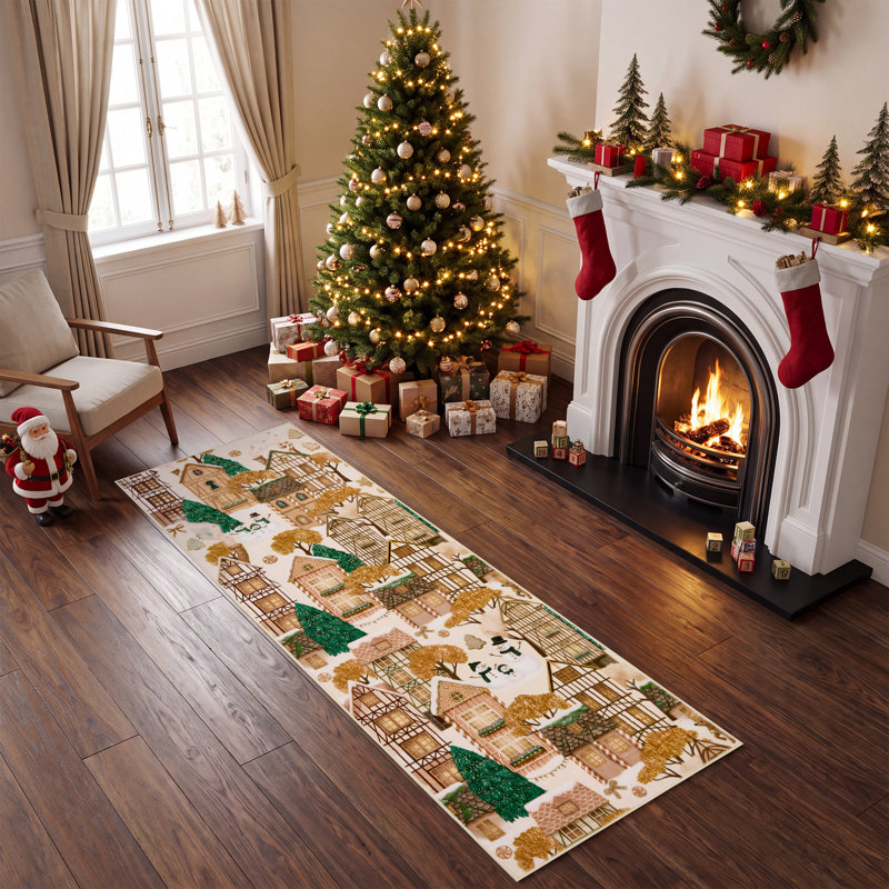 Tapis de Noël Village d'hiver Bonhomme de neige et rennes, Café, 2 x 8 pi