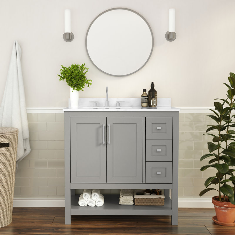 Ensemble de meuble-lavabo simple 36 po avec lavabo, armoire, tablette de rangement ouverte et tiroirs de rangement Caniya