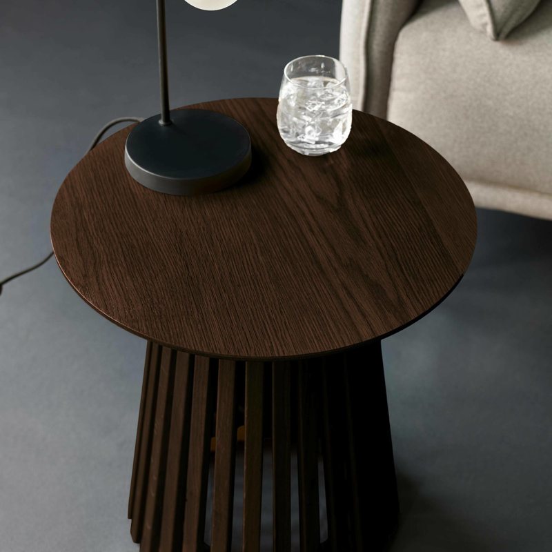 Dejania Pedestal End Table, Dark Brown Wood