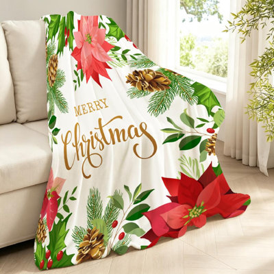 Jeté en molleton blanc ultra doux en flanelle, imprimé sapin de Noël poinsettia