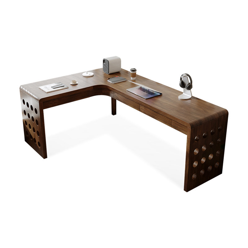 Bureau en bois massif en forme de L brun noyer avec 3 tiroirs, H 29,53 po x l 62,99 po x P 47,24 po, Retour à gauche