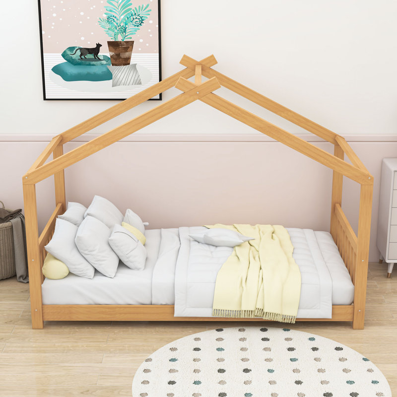 Twin Wood Platform Bed With House-Shaped Roof Design, Natural