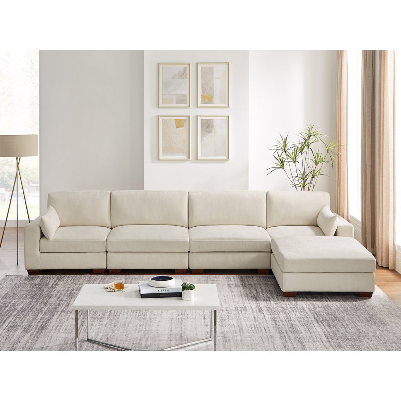 Chayten 5-Piece Upholstered Sectional Couch With 2 USB Ports, 1 Portable Ottoman, Beige Polyester