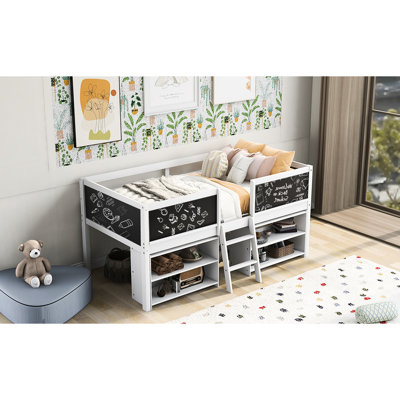 Twin Size Low Loft Bed With Chalkboard Guardrail, Movable Shelves & - Secure Sleep White Storage Shelves, Practical