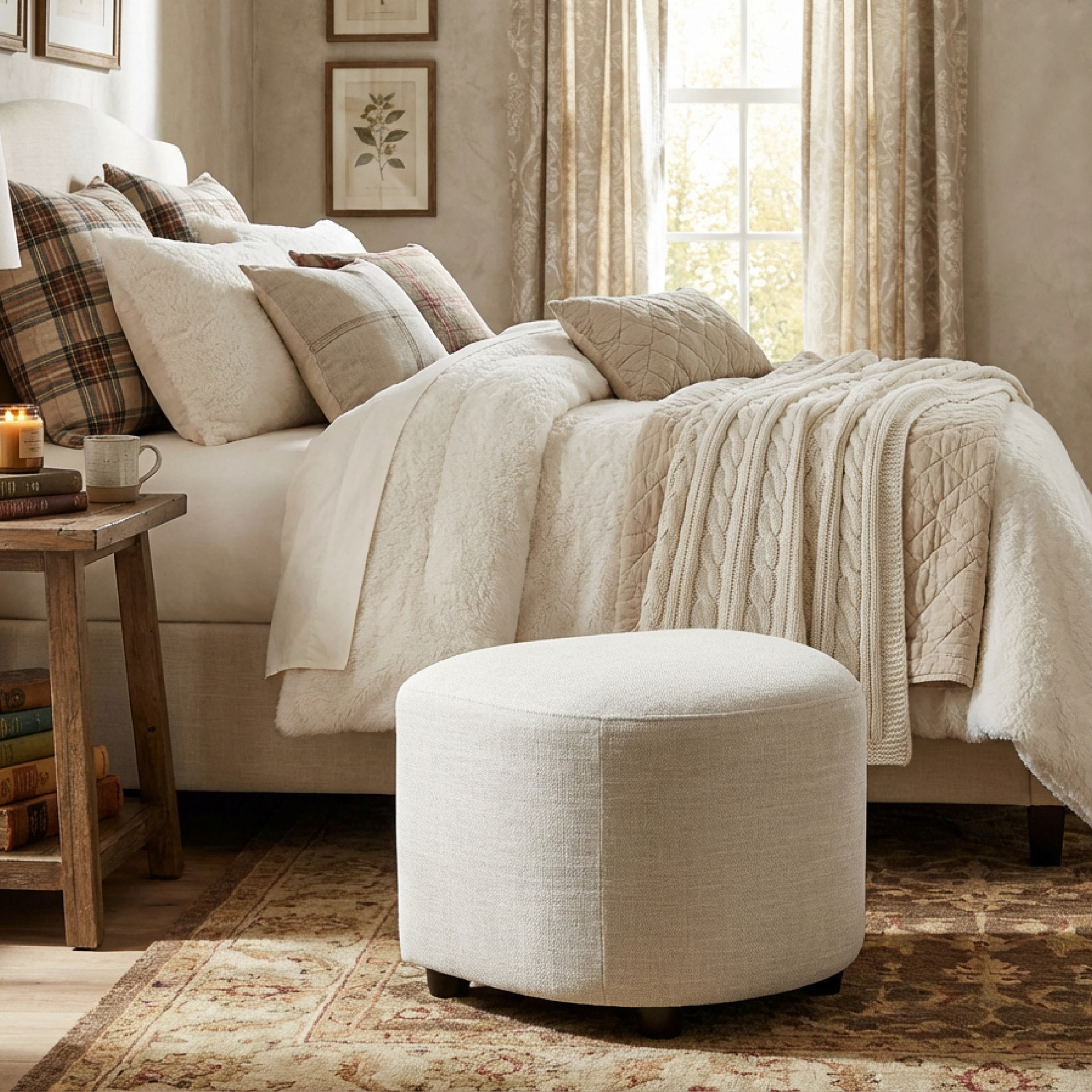 Stassi Upholstered Ottoman, Effie Linen Performance Linen
