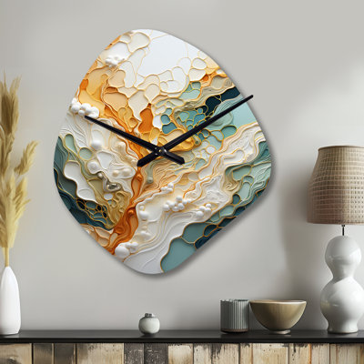 Orange White Line Art Organic Abstraction - Line Art Unique Shape Metal Wall Clock, Modern Asymmetrical Wall Clock Print