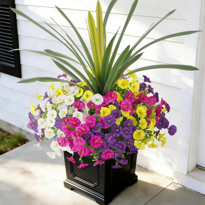 Paquet de 12 fleurs artificielles d'extérieur à couleurs mélangées - Gloire du matin en soie réaliste avec verdure luxuriante - Plantes artificielles résistantes aux intempéries et à la protection contre les rayons UV pour les paniers suspendus et les jardinières