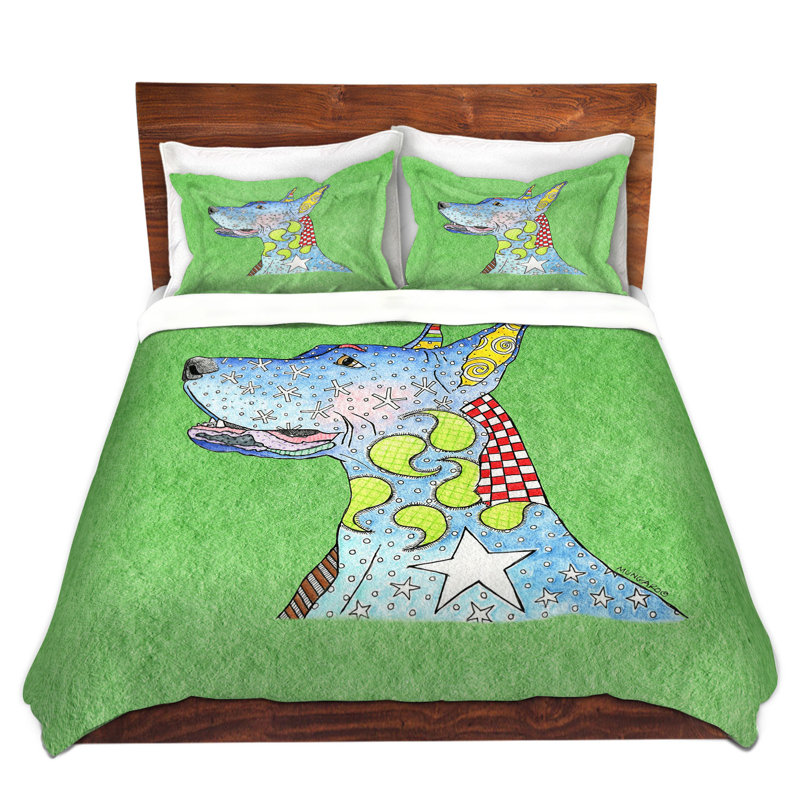 Ensemble de housse de couette great-danois, 1 housse + 2 taies très grand lit, Vert / bleu
