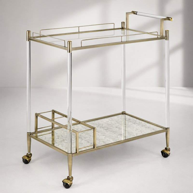 Wire Brass Rectangular Serving Cart with Glass and Mirror Shelves