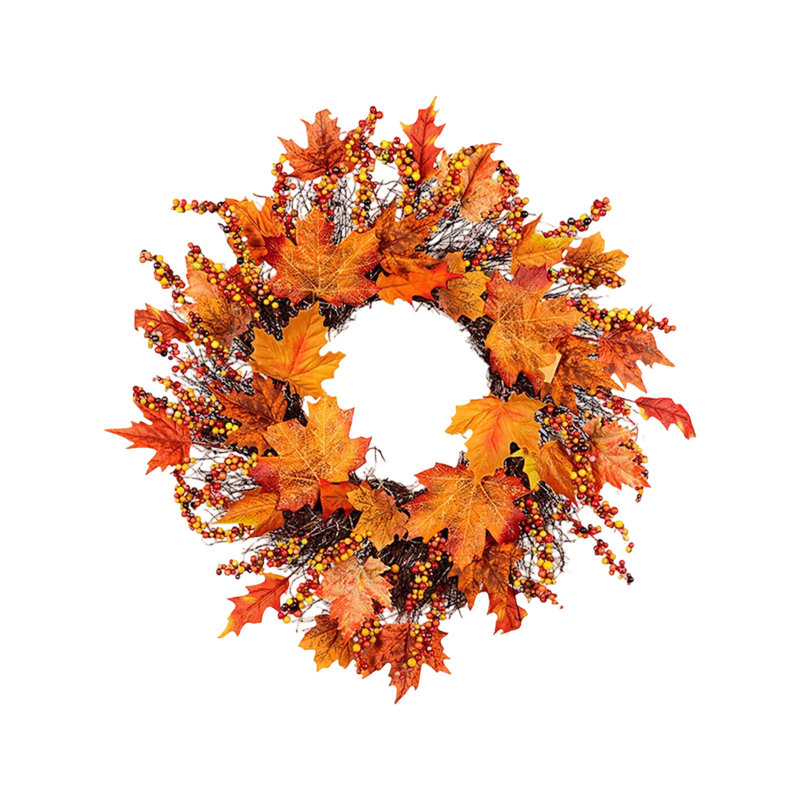 Décoration de style couronne de porte d'entrée en fausse feuille d'érable, baie de brindille colorée, couronne, météo, automne, décor pour l'entrée de la cheminée