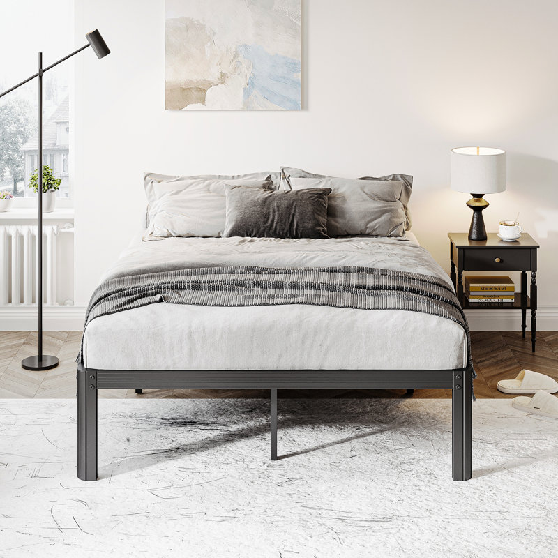 Oley 14 Inch Heavy Duty Metal Platform Bed Frame, Four Round-Corner Legs, Robust Steel, Noise Free, Full / Double